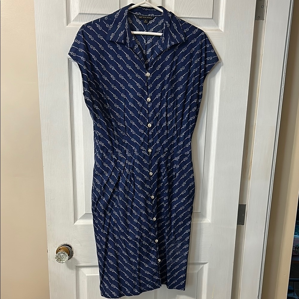 Brooks Brothers Navy Blue Chain-Print Midi Shirt Dress